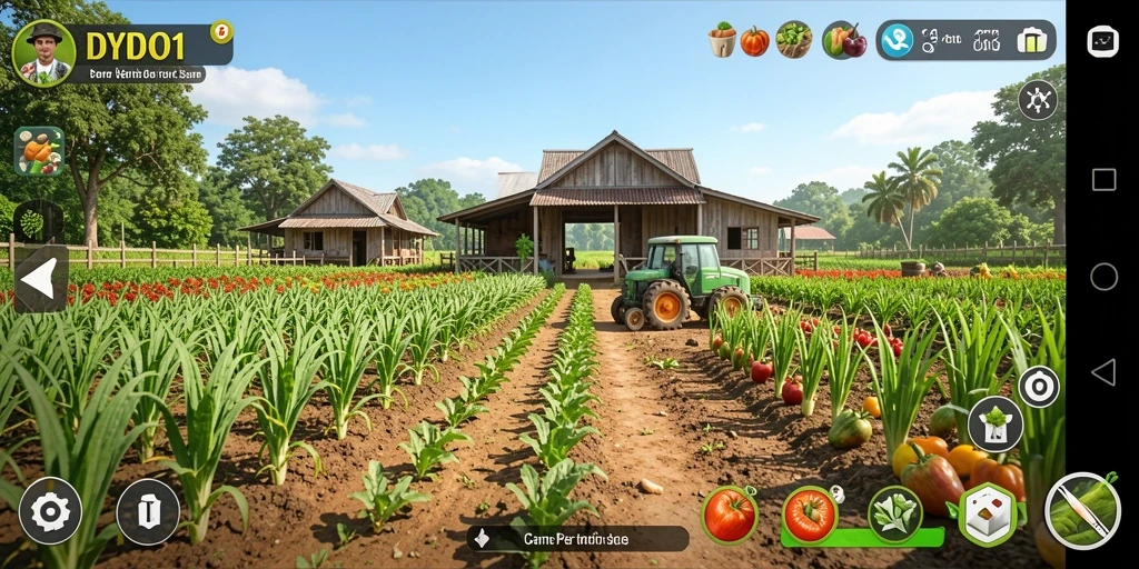 Screenshot gameplay DYO1 menunjukkan ladang yang hijau dan subur.