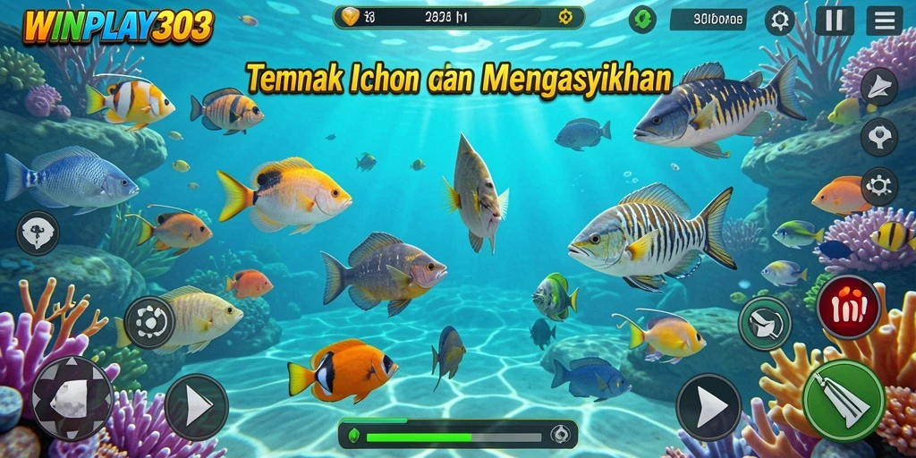 Tampilan gameplay Tembak Ikan WINPLAY303 dengan berbagai ikan berwarna-warni.